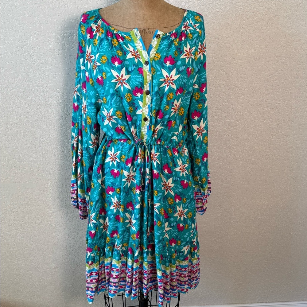 Sunshine & Rodeos Women’s S  Floral Dress Tie Waist Button up Pockets Round Neck